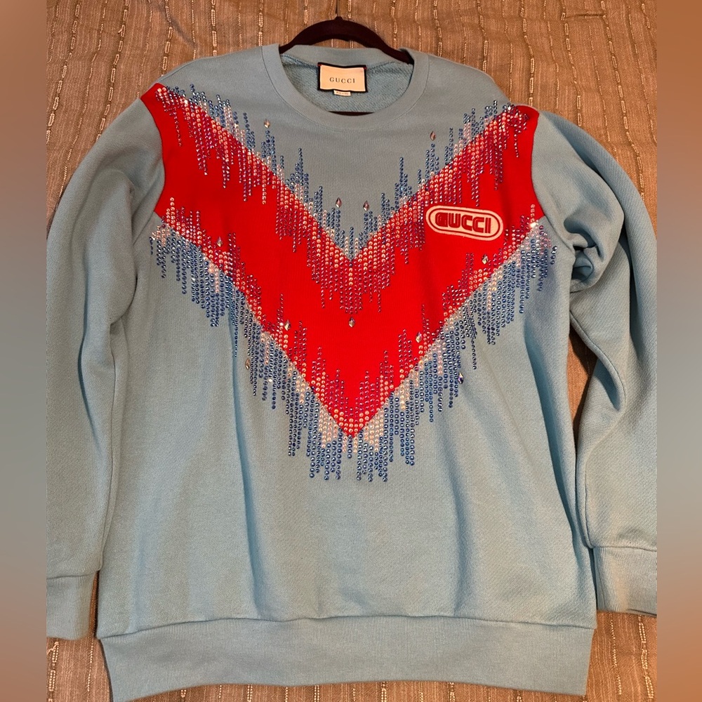 Blue & Red Authentic Gucci Crewneck Sweatshirt - with Swarovski Crystals - M/L